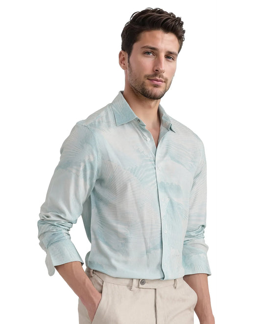 Rare Rabbit Men's Tasa Blue Viscose Abstract Print Relaxed Fit Full Sleeve Collared Shirt