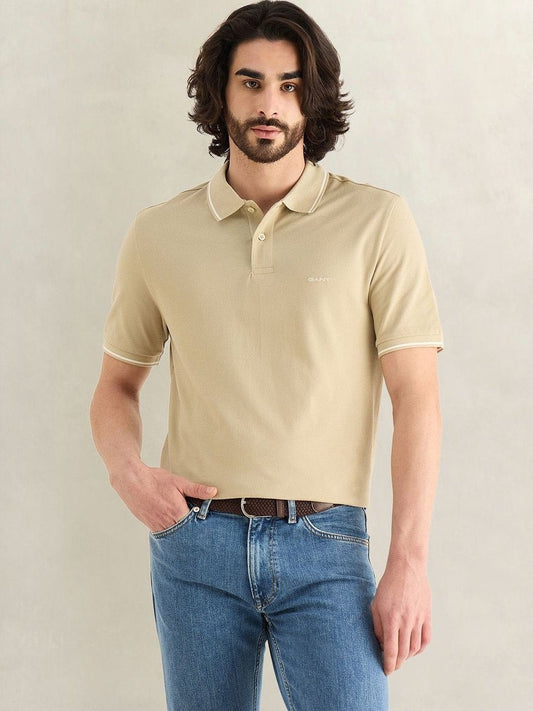 Gant Men Beige Solid Regular Fit Pique Polo T-Shirt