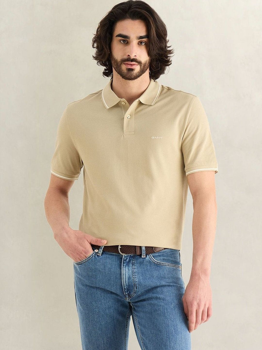 Gant Men Beige Solid Regular Fit Pique Polo T-Shirt