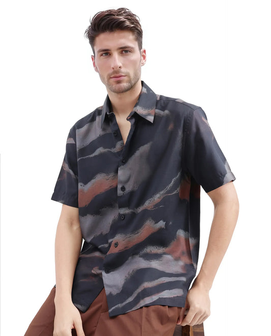 Rare Rabbit Men's Tego Black Cotton Blend Abstract Print Boxy Fit Half Sleeve Collared Shirt
