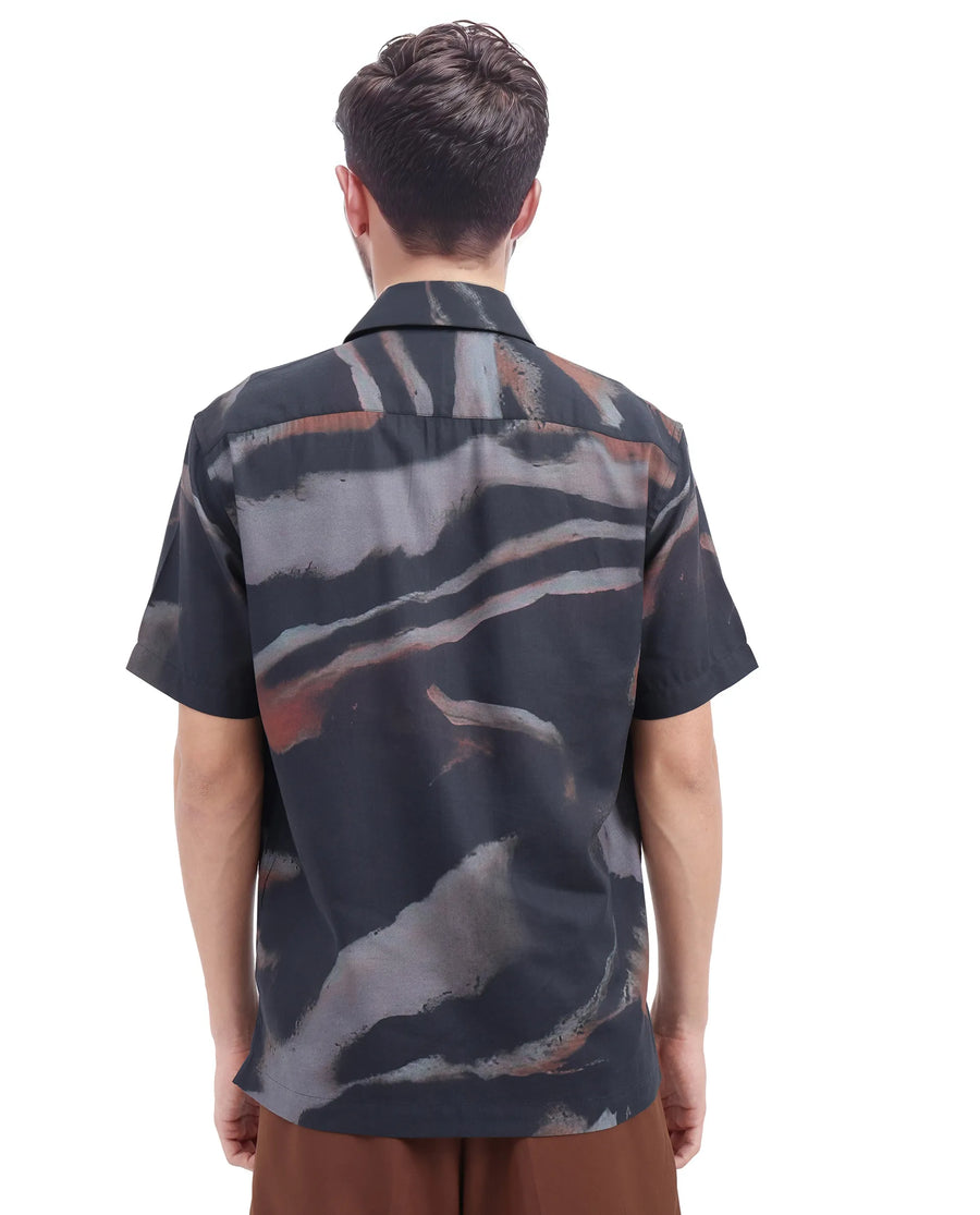 Rare Rabbit Men's Tego Black Cotton Blend Abstract Print Boxy Fit Half Sleeve Collared Shirt