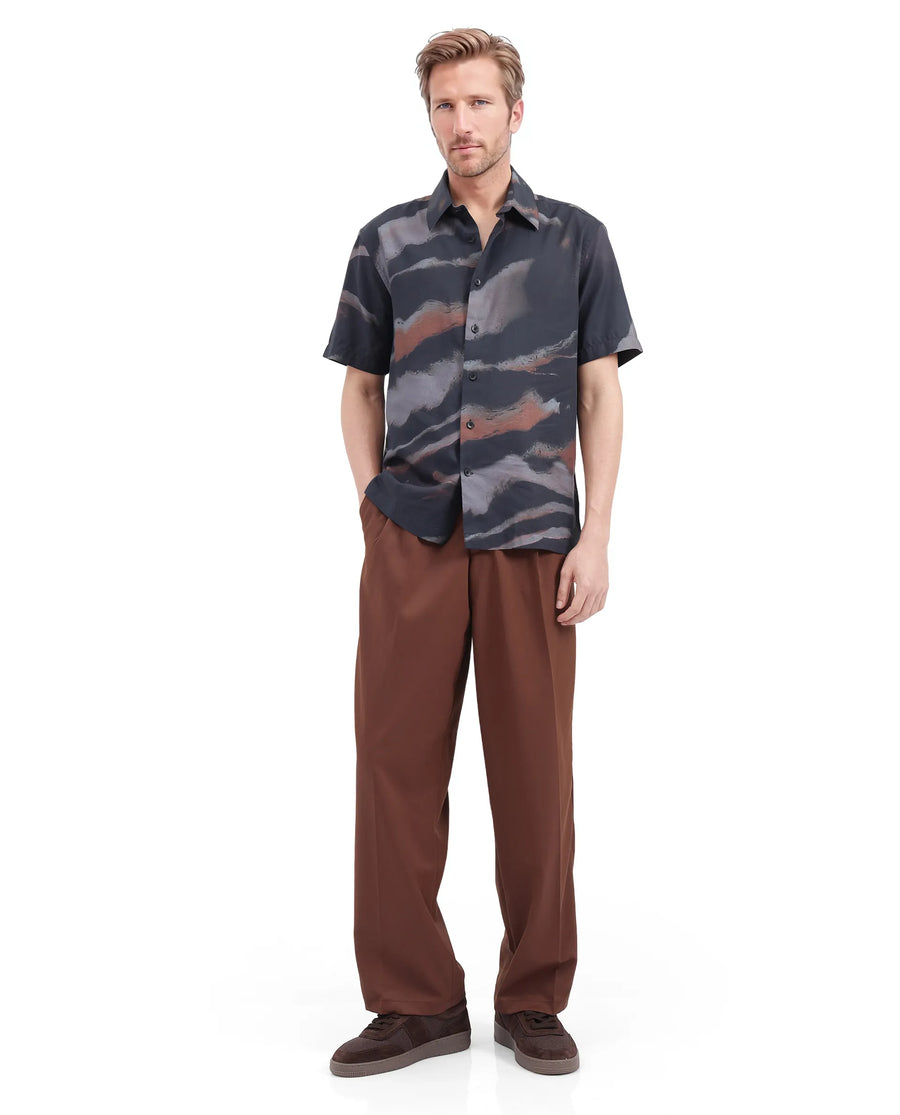 Rare Rabbit Men's Tego Black Cotton Blend Abstract Print Boxy Fit Half Sleeve Collared Shirt