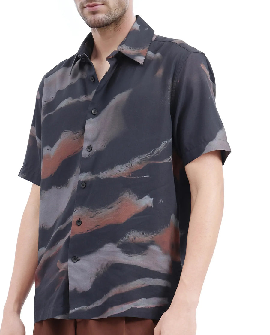 Rare Rabbit Men's Tego Black Cotton Blend Abstract Print Boxy Fit Half Sleeve Collared Shirt
