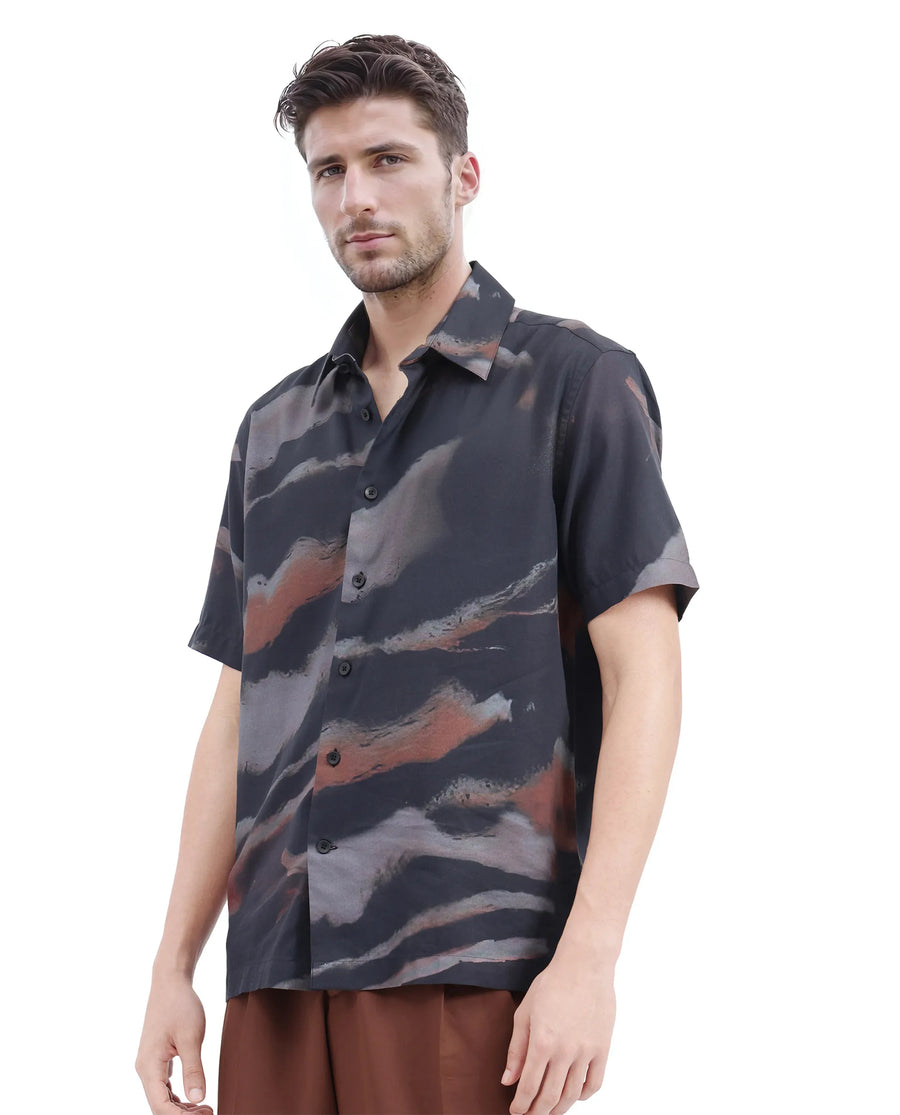 Rare Rabbit Men's Tego Black Cotton Blend Abstract Print Boxy Fit Half Sleeve Collared Shirt