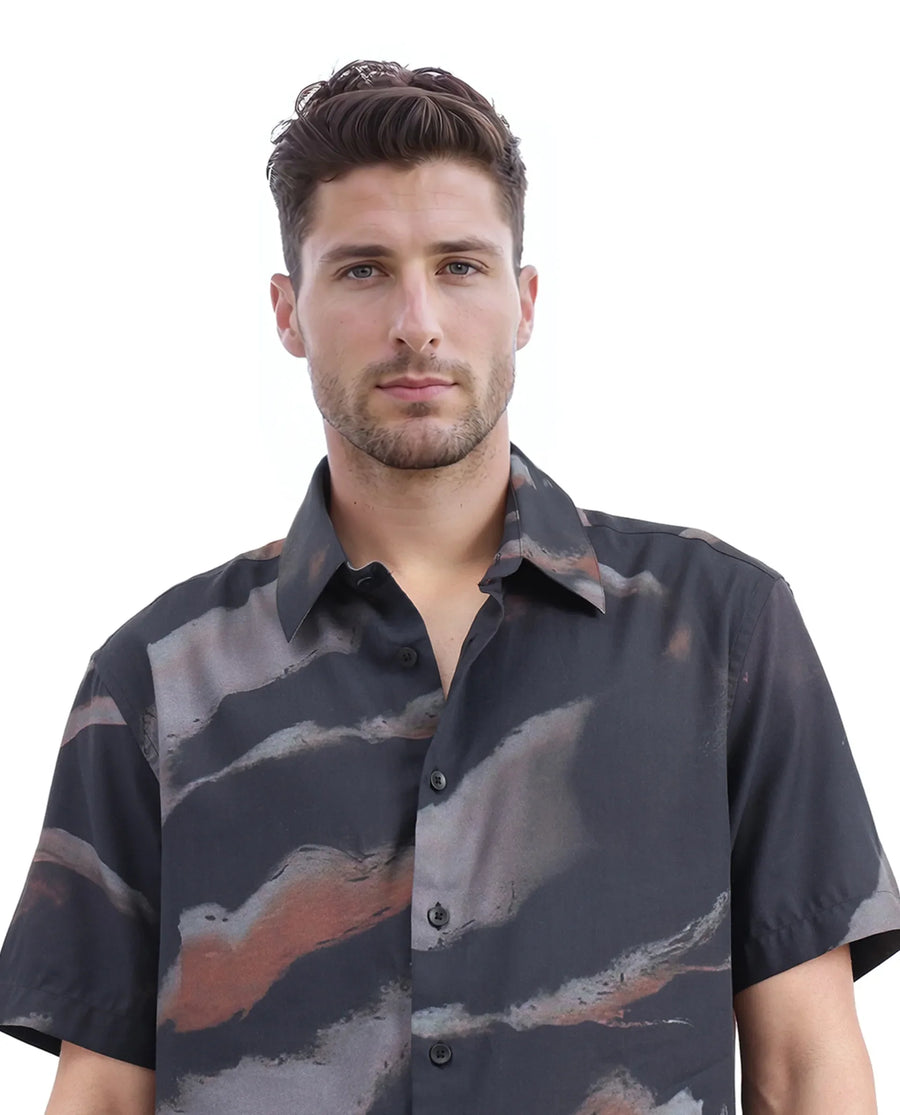 Rare Rabbit Men's Tego Black Cotton Blend Abstract Print Boxy Fit Half Sleeve Collared Shirt