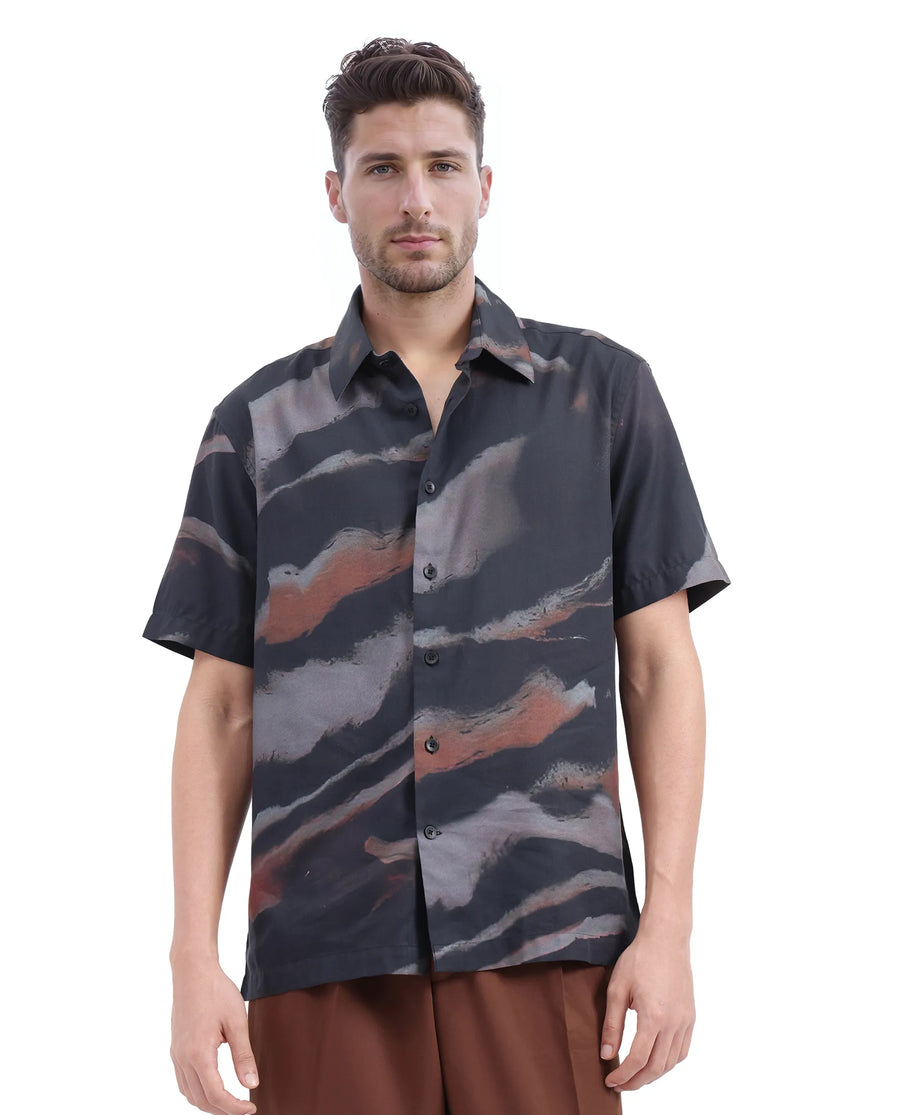 Rare Rabbit Men's Tego Black Cotton Blend Abstract Print Boxy Fit Half Sleeve Collared Shirt