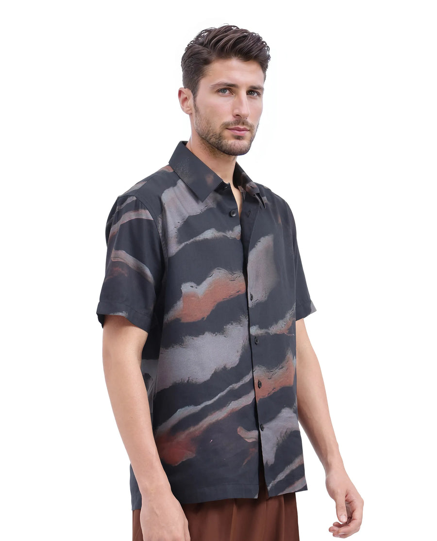 Rare Rabbit Men's Tego Black Cotton Blend Abstract Print Boxy Fit Half Sleeve Collared Shirt