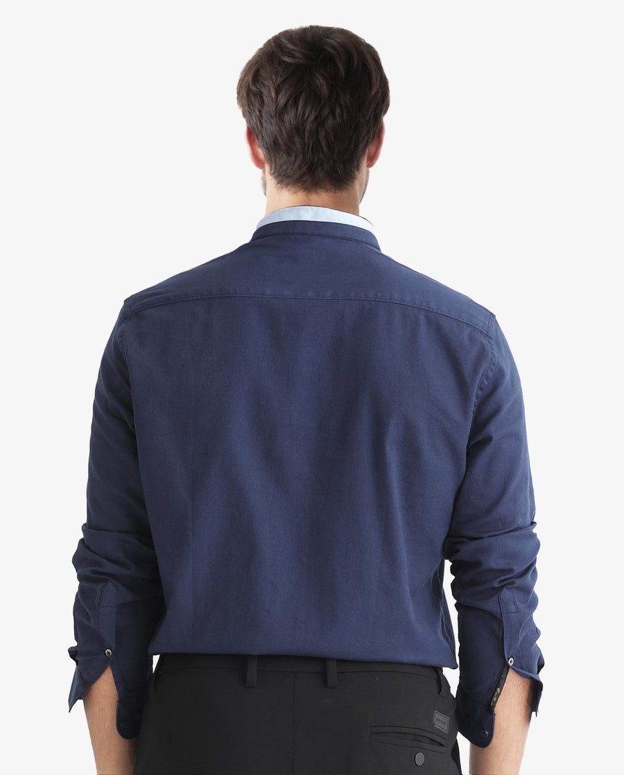 Rare Rabbit Men's Tehran Navy Cotton Plain Regular Fit Full Sleeve Mandarin Collar Shirt