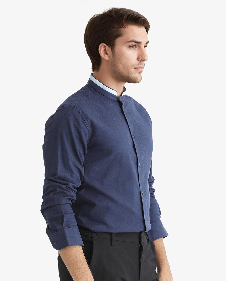 Rare Rabbit Men's Tehran Navy Cotton Plain Regular Fit Full Sleeve Mandarin Collar Shirt
