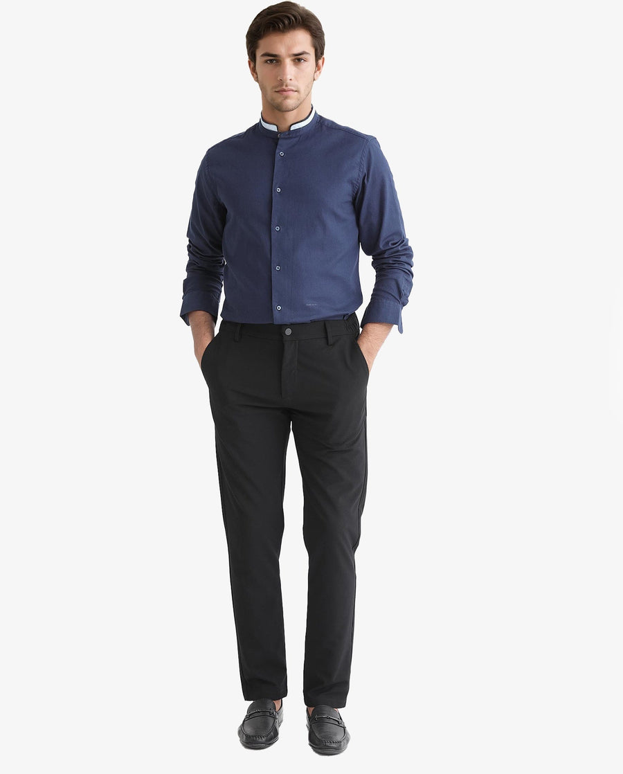 Rare Rabbit Men's Tehran Navy Cotton Plain Regular Fit Full Sleeve Mandarin Collar Shirt
