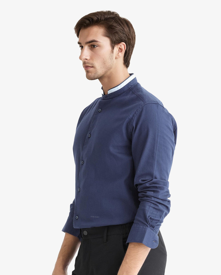 Rare Rabbit Men's Tehran Navy Cotton Plain Regular Fit Full Sleeve Mandarin Collar Shirt