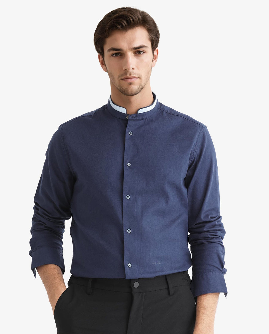 Rare Rabbit Men's Tehran Navy Cotton Plain Regular Fit Full Sleeve Mandarin Collar Shirt