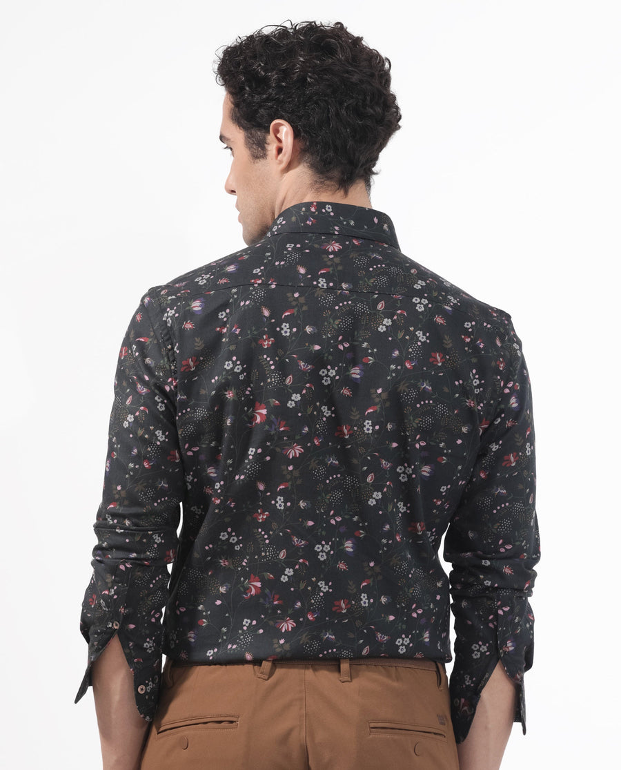 Rare Rabbit Men's Teleux Black Cotton Floral Print Tailored Fit Full Sleeve Collared Shirt