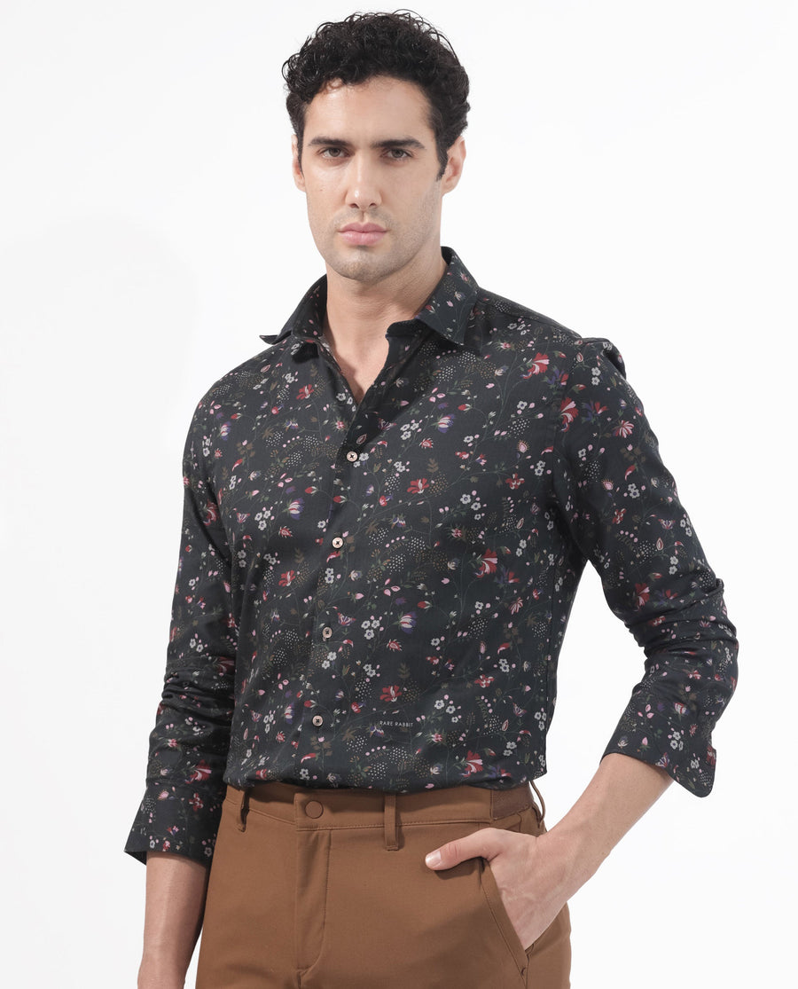 Rare Rabbit Men's Teleux Black Cotton Floral Print Tailored Fit Full Sleeve Collared Shirt