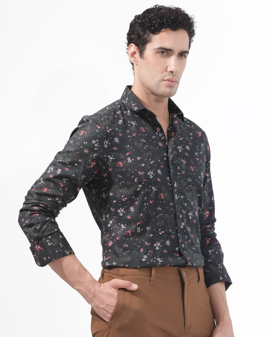 Rare Rabbit Men's Teleux Black Cotton Floral Print Tailored Fit Full Sleeve Collared Shirt