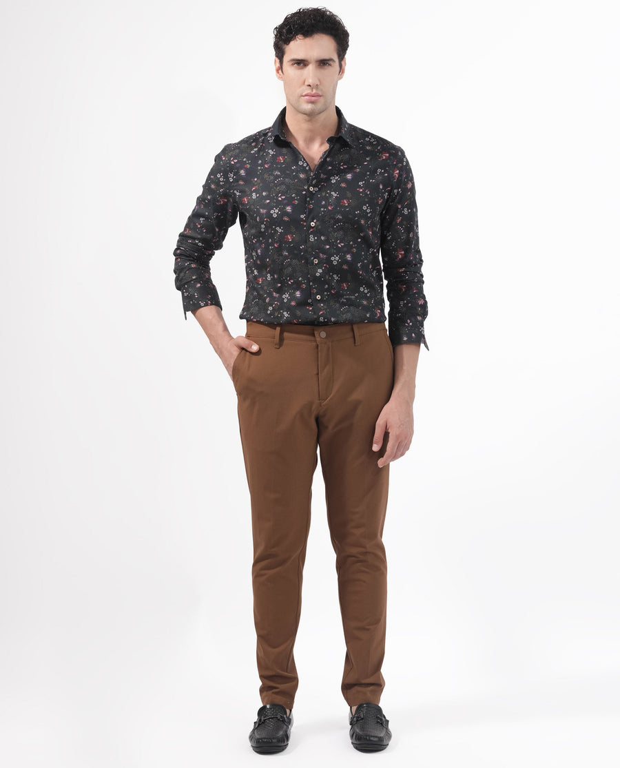 Rare Rabbit Men's Teleux Black Cotton Floral Print Tailored Fit Full Sleeve Collared Shirt