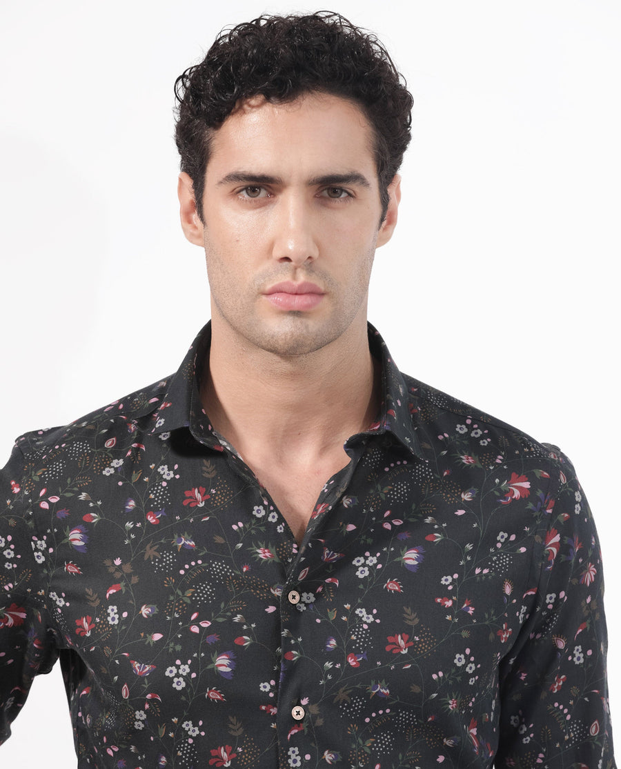 Rare Rabbit Men's Teleux Black Cotton Floral Print Tailored Fit Full Sleeve Collared Shirt