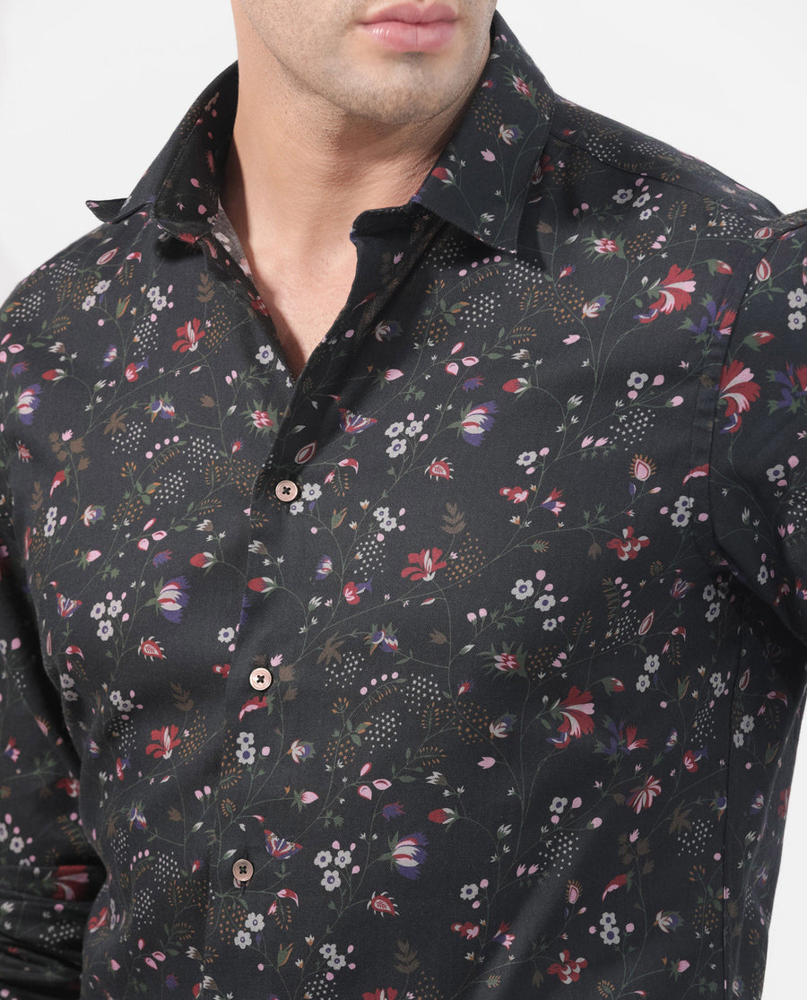 Rare Rabbit Men's Teleux Black Cotton Floral Print Tailored Fit Full Sleeve Collared Shirt