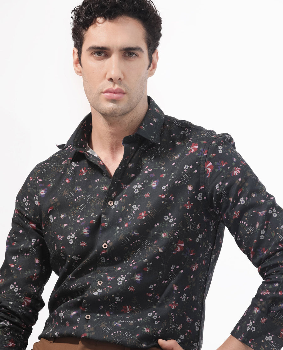 Rare Rabbit Men's Teleux Black Cotton Floral Print Tailored Fit Full Sleeve Collared Shirt