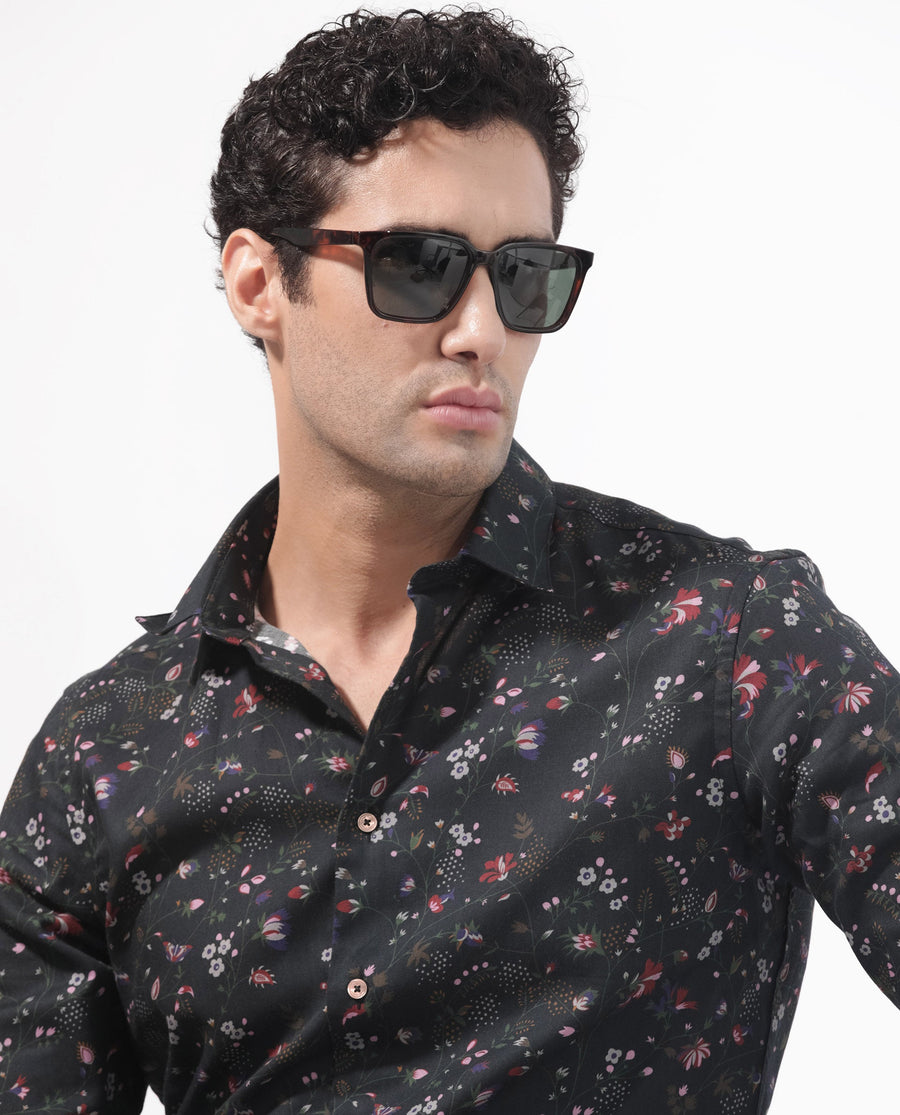 Rare Rabbit Men's Teleux Black Cotton Floral Print Tailored Fit Full Sleeve Collared Shirt
