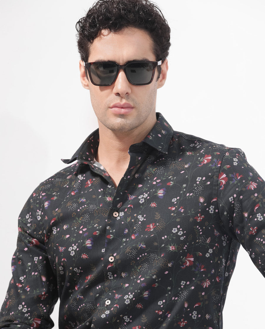 Rare Rabbit Men's Teleux Black Cotton Floral Print Tailored Fit Full Sleeve Collared Shirt