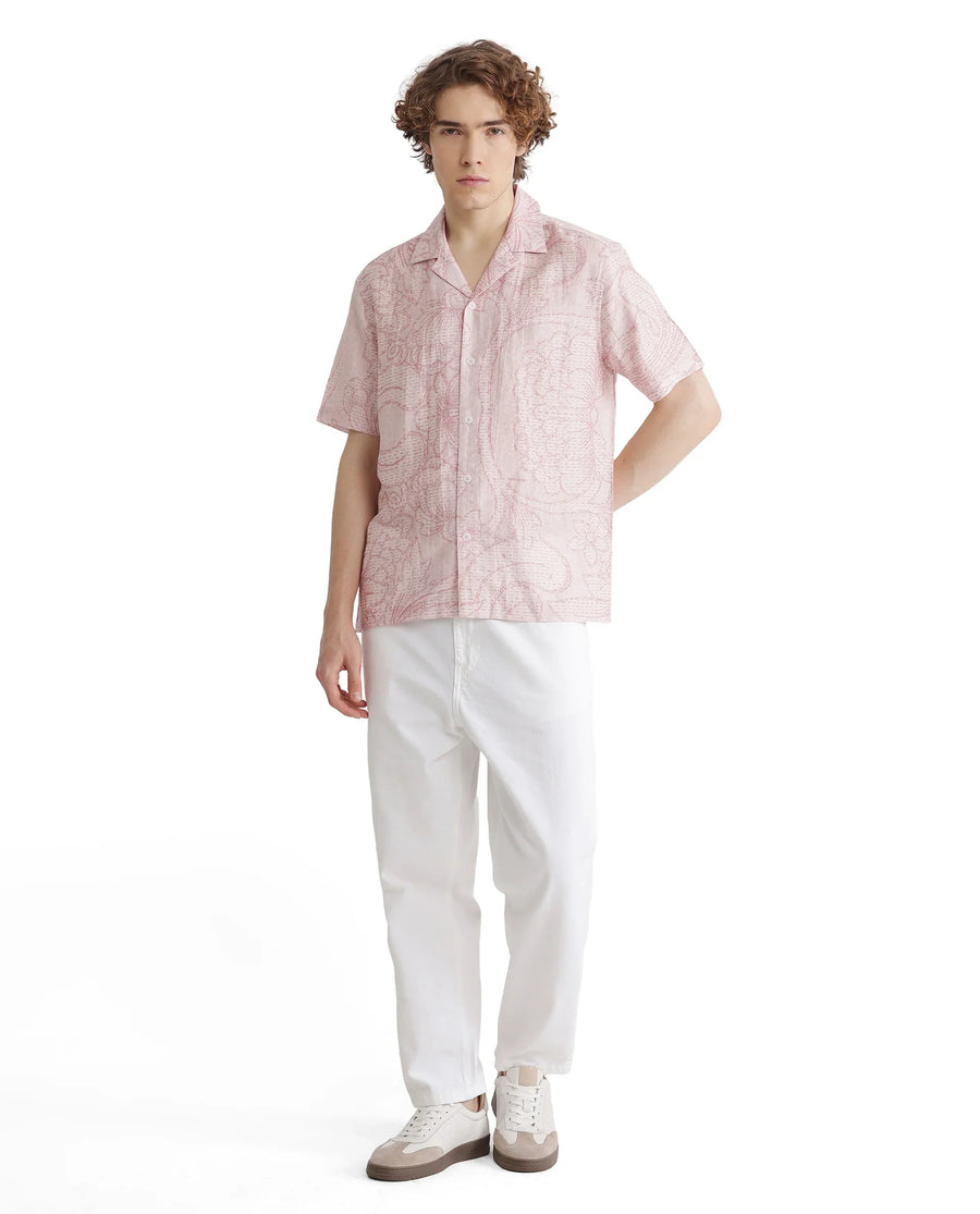 Rare Rabbit Men's Telo Pink Viscose Blend Floral Print Boxy Fit Half Sleeve Cuban Collar Shirt