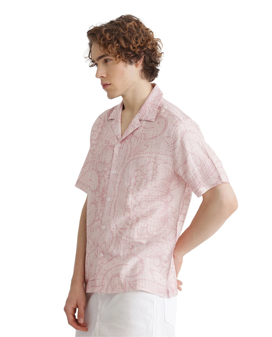 Rare Rabbit Men's Telo Pink Viscose Blend Floral Print Boxy Fit Half Sleeve Cuban Collar Shirt