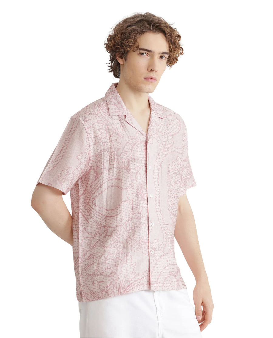 Rare Rabbit Men's Telo Pink Viscose Blend Floral Print Boxy Fit Half Sleeve Cuban Collar Shirt