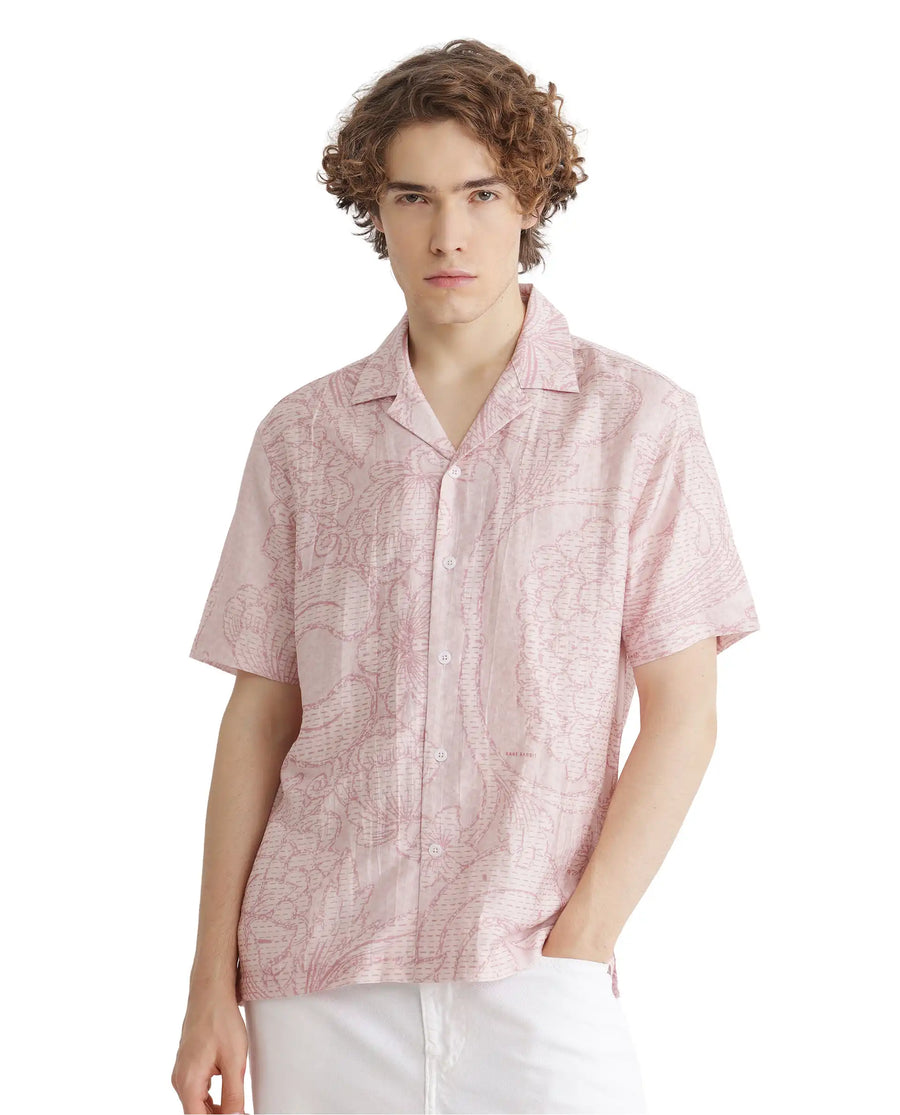 Rare Rabbit Men's Telo Pink Viscose Blend Floral Print Boxy Fit Half Sleeve Cuban Collar Shirt