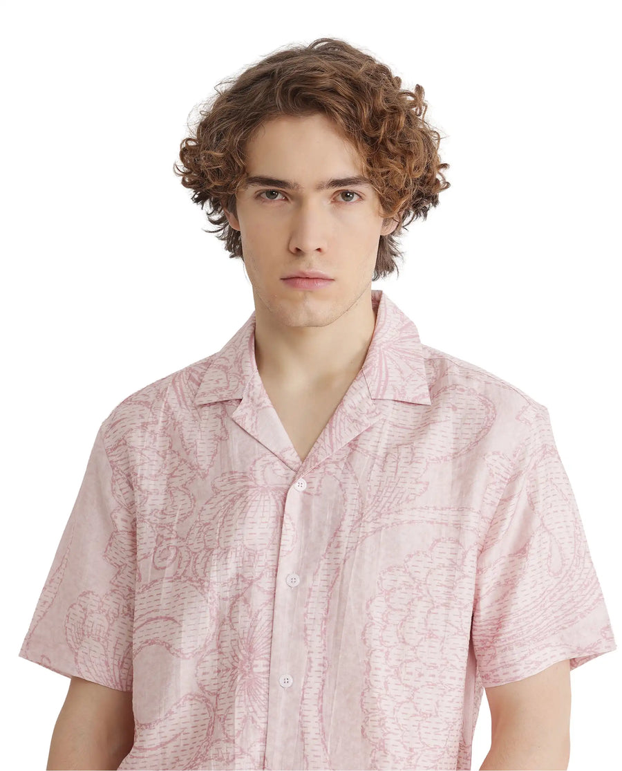 Rare Rabbit Men's Telo Pink Viscose Blend Floral Print Boxy Fit Half Sleeve Cuban Collar Shirt