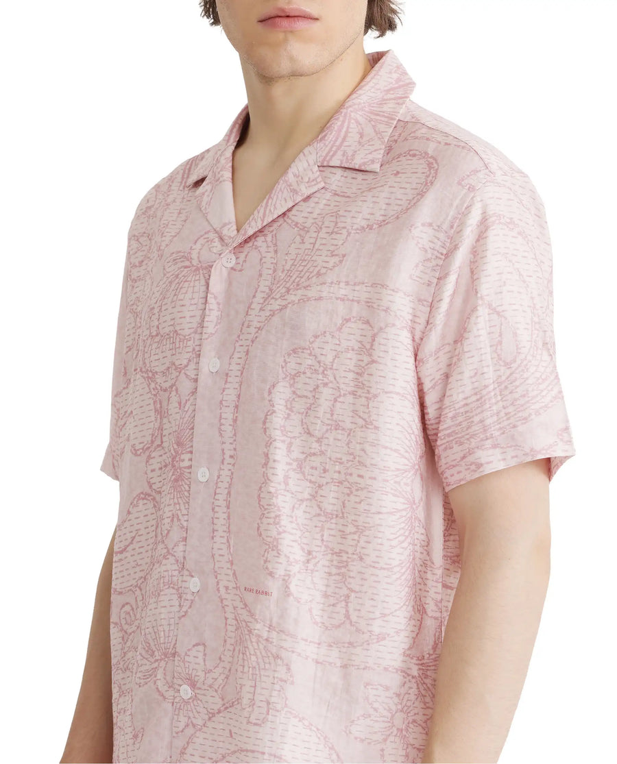 Rare Rabbit Men's Telo Pink Viscose Blend Floral Print Boxy Fit Half Sleeve Cuban Collar Shirt