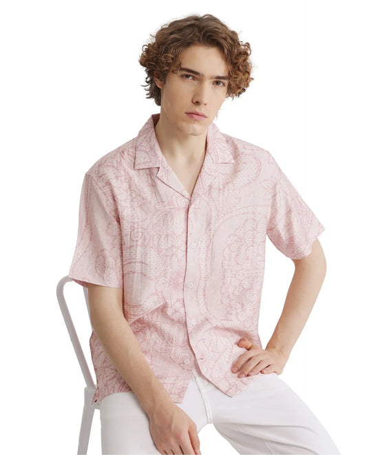 Rare Rabbit Men's Telo Pink Viscose Blend Floral Print Boxy Fit Half Sleeve Cuban Collar Shirt