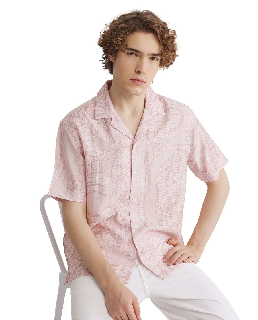 Rare Rabbit Men's Telo Pink Viscose Blend Floral Print Boxy Fit Half Sleeve Cuban Collar Shirt