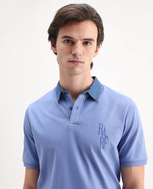 Rare Rabbit Men's Tem Blue Cotton Plain Regular Fit Half Sleeve Polo
