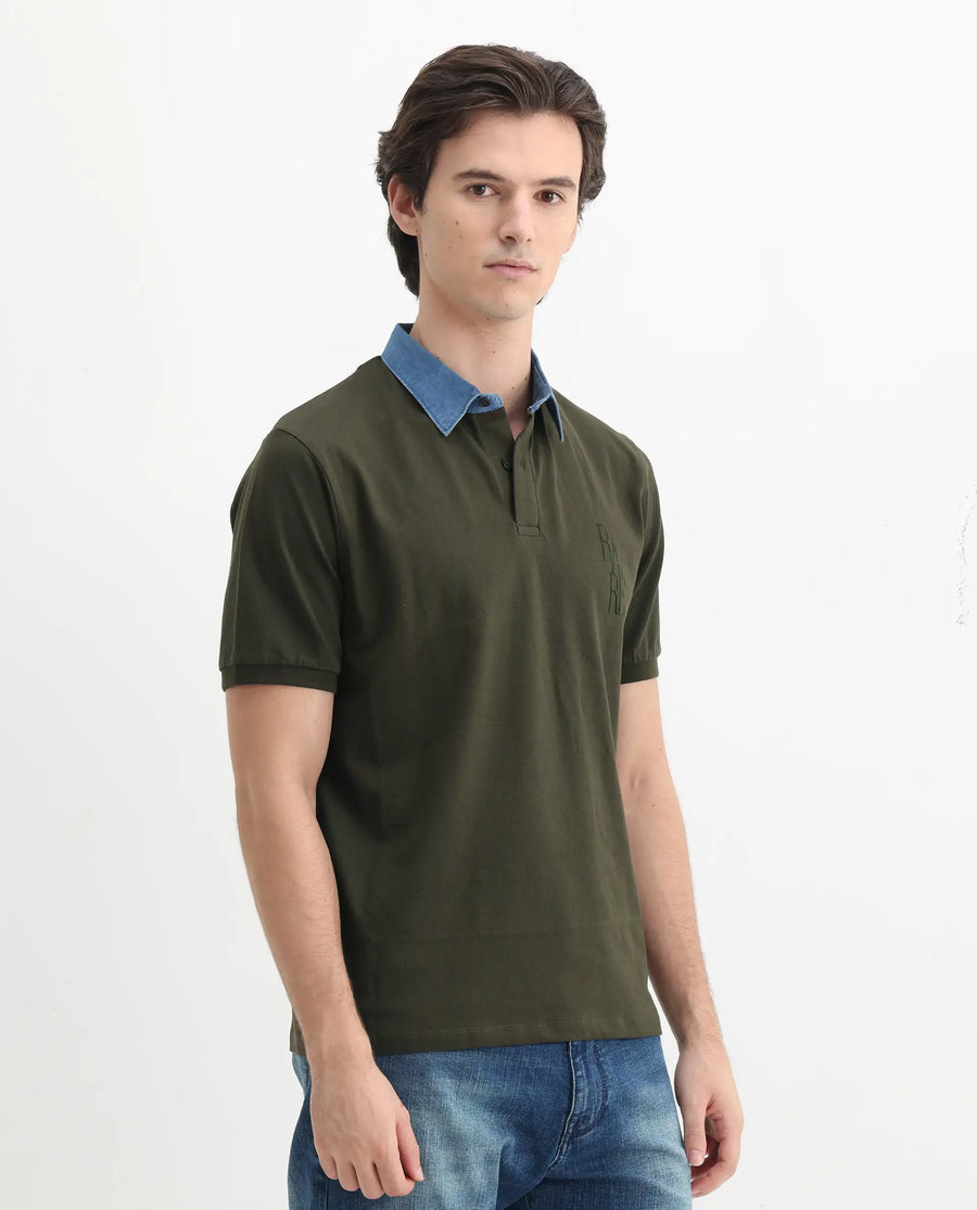 Rare Rabbit Men's Tem Dark Olive Cotton Plain Regular Fit Half Sleeve Polo