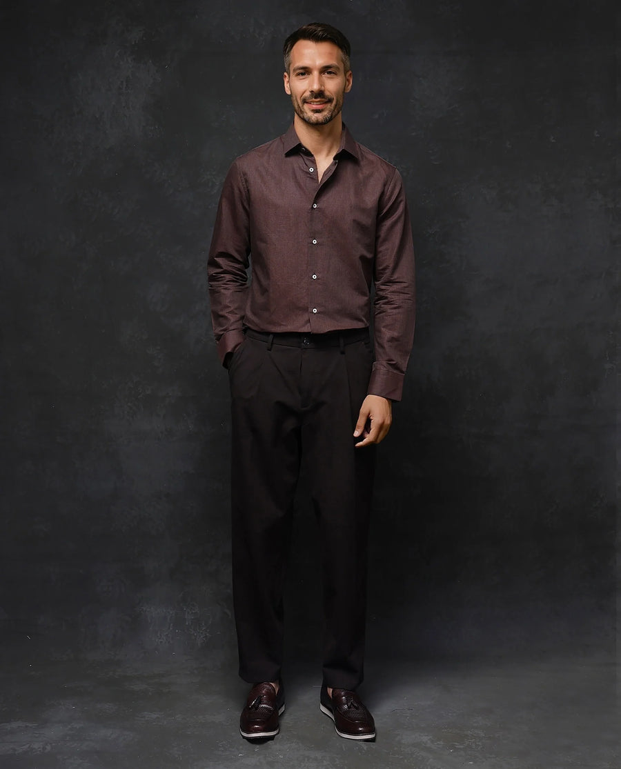 Rare Rabbit Men's Tempa Dark Brown Cotton Plain Regular Fit Full Sleeve Collared Shirt