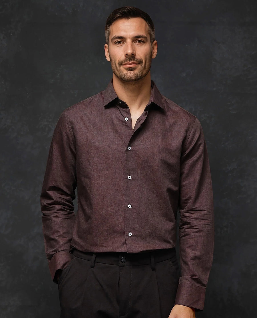 Rare Rabbit Men's Tempa Dark Brown Cotton Plain Regular Fit Full Sleeve Collared Shirt