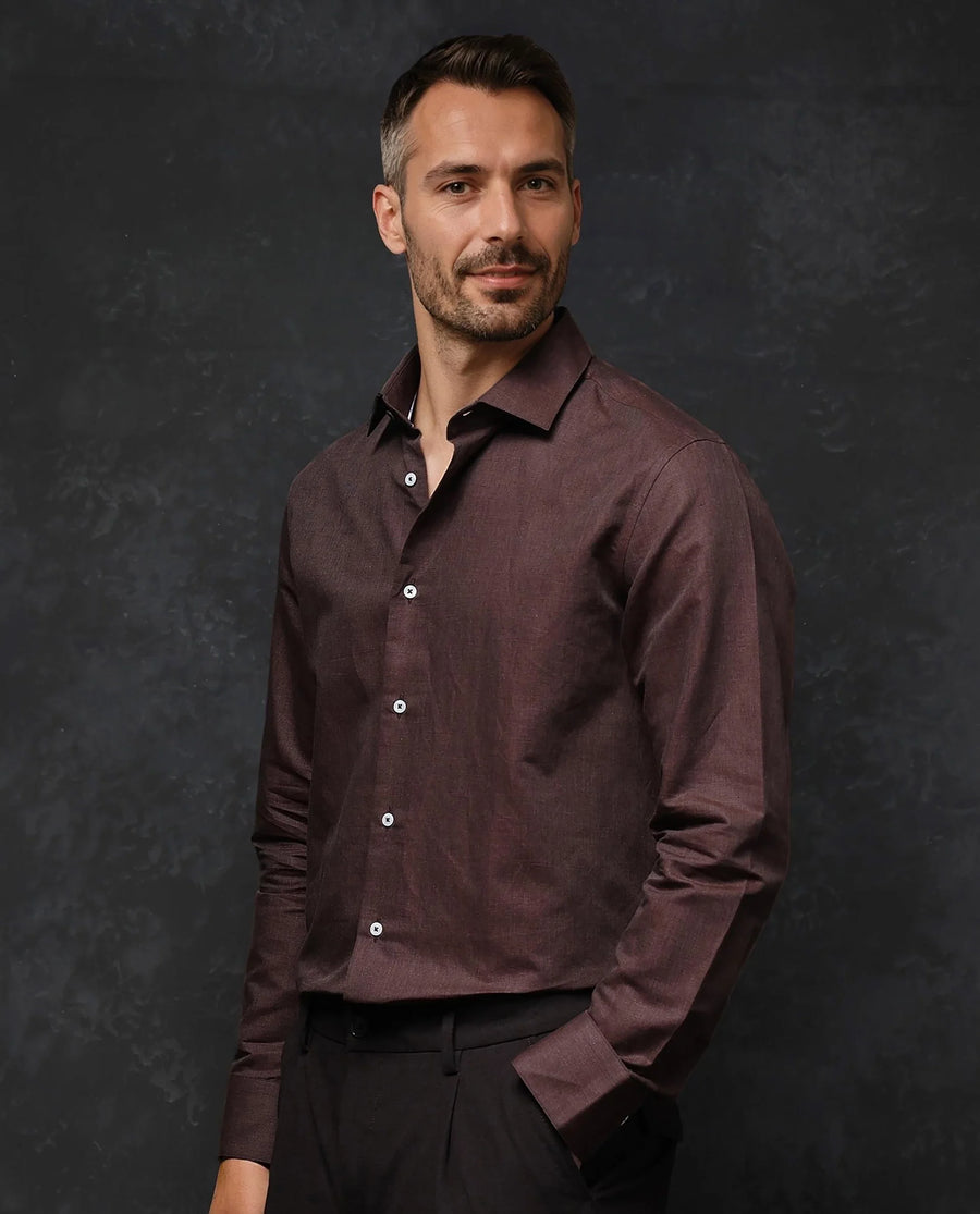 Rare Rabbit Men's Tempa Dark Brown Cotton Plain Regular Fit Full Sleeve Collared Shirt