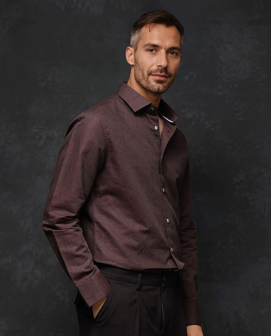 Rare Rabbit Men's Tempa Dark Brown Cotton Plain Regular Fit Full Sleeve Collared Shirt