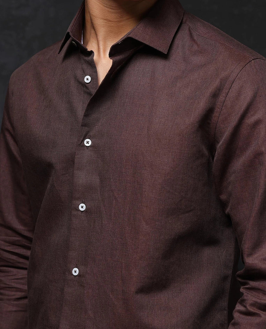 Rare Rabbit Men's Tempa Dark Brown Cotton Plain Regular Fit Full Sleeve Collared Shirt