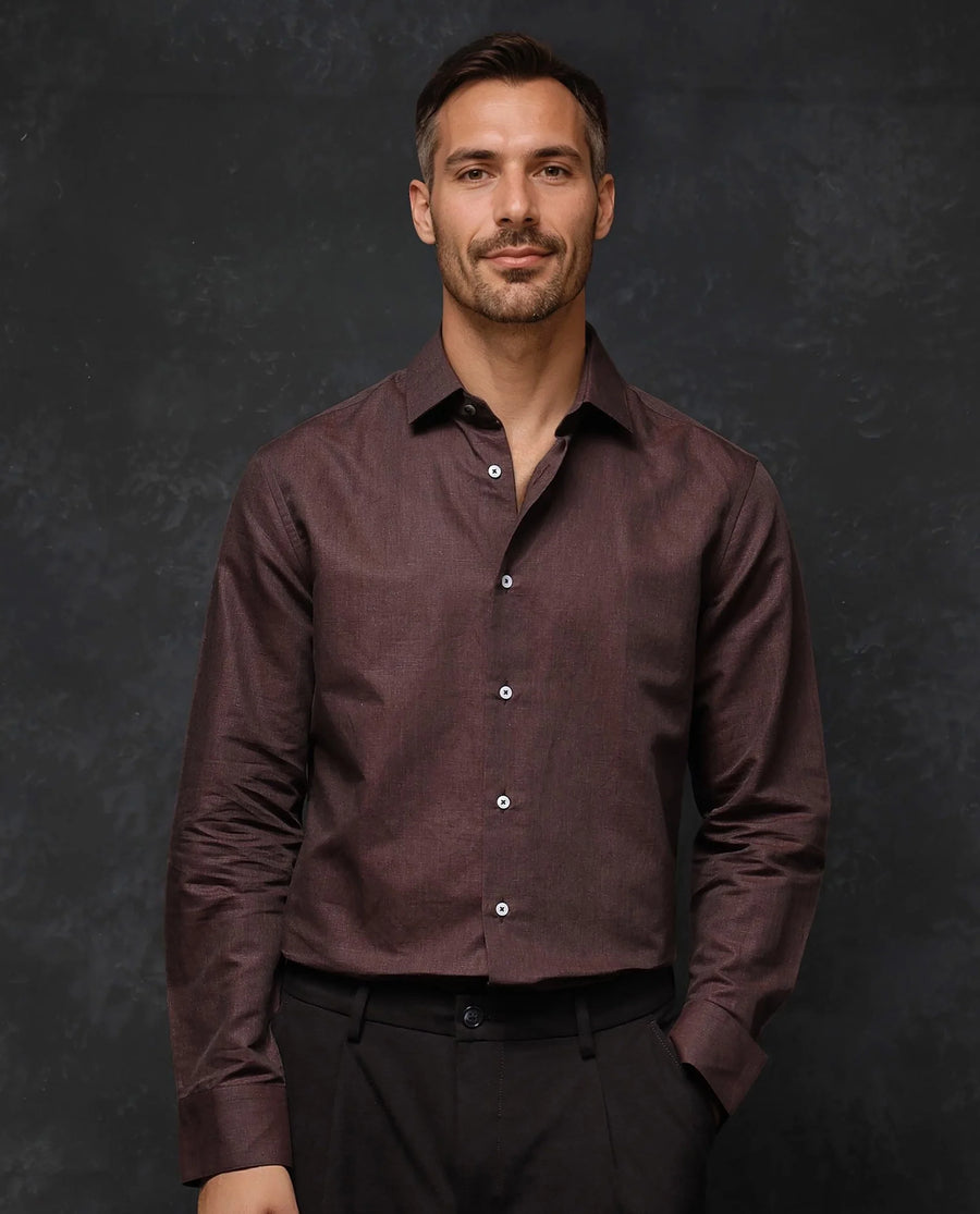 Rare Rabbit Men's Tempa Dark Brown Cotton Plain Regular Fit Full Sleeve Collared Shirt