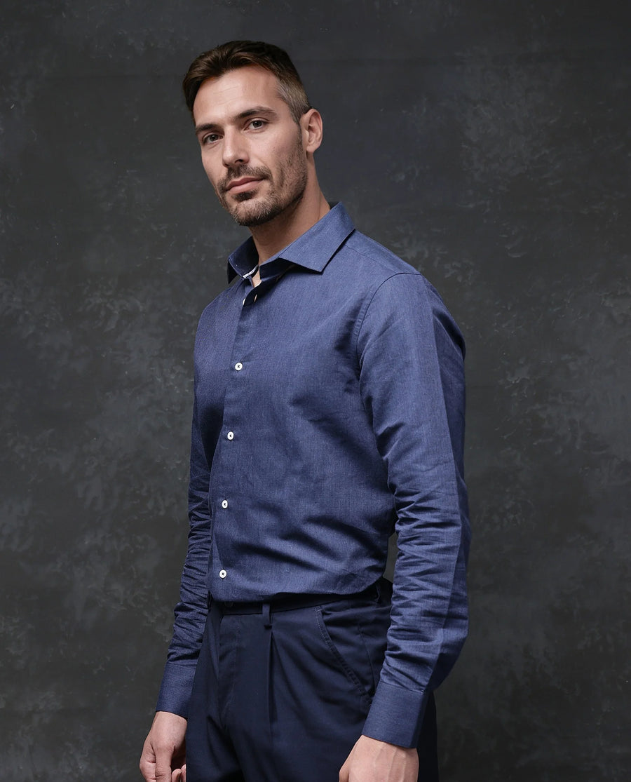 Rare Rabbit Men's Tempa Navy Cotton Plain Regular Fit Full Sleeve Collared Shirt