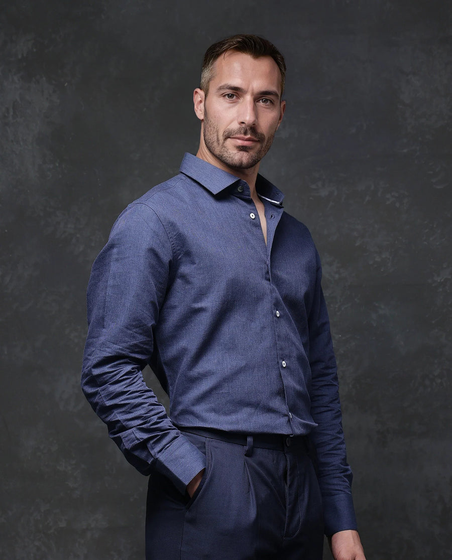 Rare Rabbit Men's Tempa Navy Cotton Plain Regular Fit Full Sleeve Collared Shirt