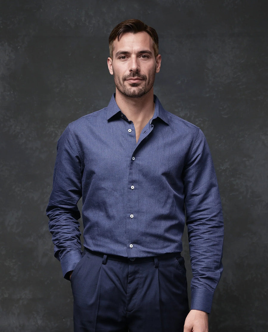 Rare Rabbit Men's Tempa Navy Cotton Plain Regular Fit Full Sleeve Collared Shirt