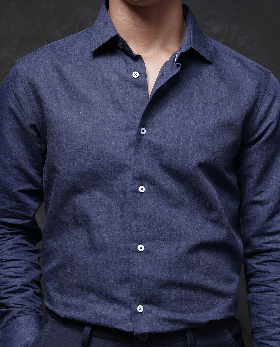 Rare Rabbit Men's Tempa Navy Cotton Plain Regular Fit Full Sleeve Collared Shirt