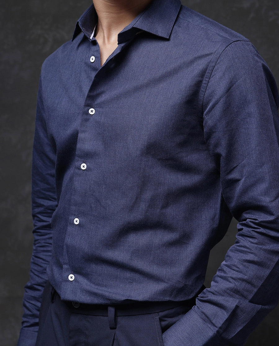 Rare Rabbit Men's Tempa Navy Cotton Plain Regular Fit Full Sleeve Collared Shirt