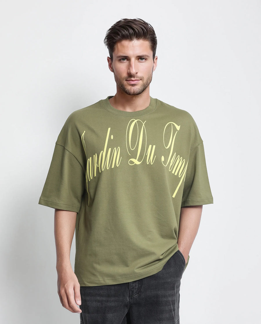 Rare Rabbit Men's Tempe Light Olive Cotton Graphic Print Oversized Fit Half Sleeve Crew Neck T-Shirt
