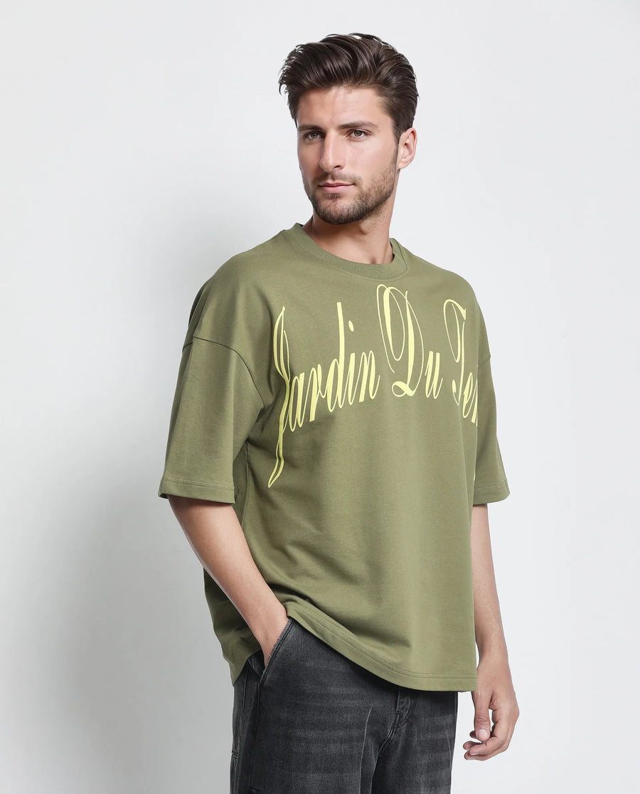 Rare Rabbit Men's Tempe Light Olive Cotton Graphic Print Oversized Fit Half Sleeve Crew Neck T-Shirt