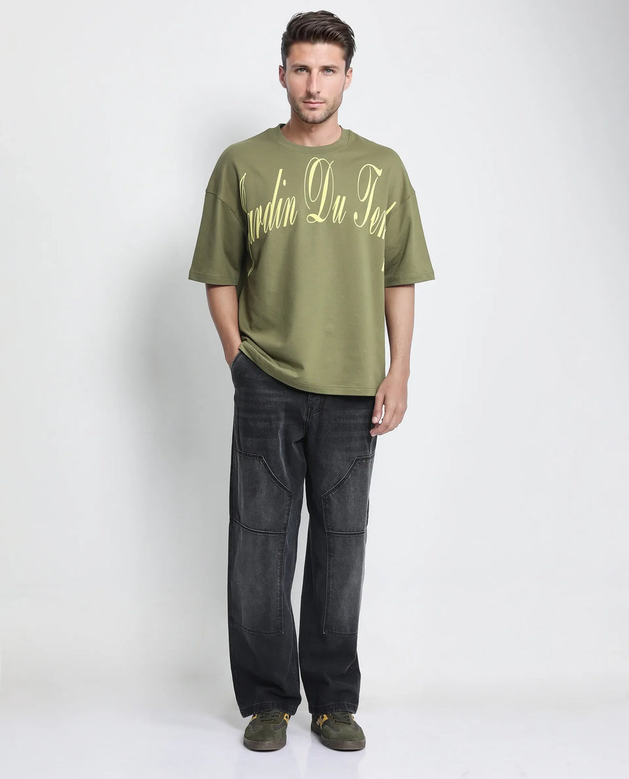 Rare Rabbit Men's Tempe Light Olive Cotton Graphic Print Oversized Fit Half Sleeve Crew Neck T-Shirt