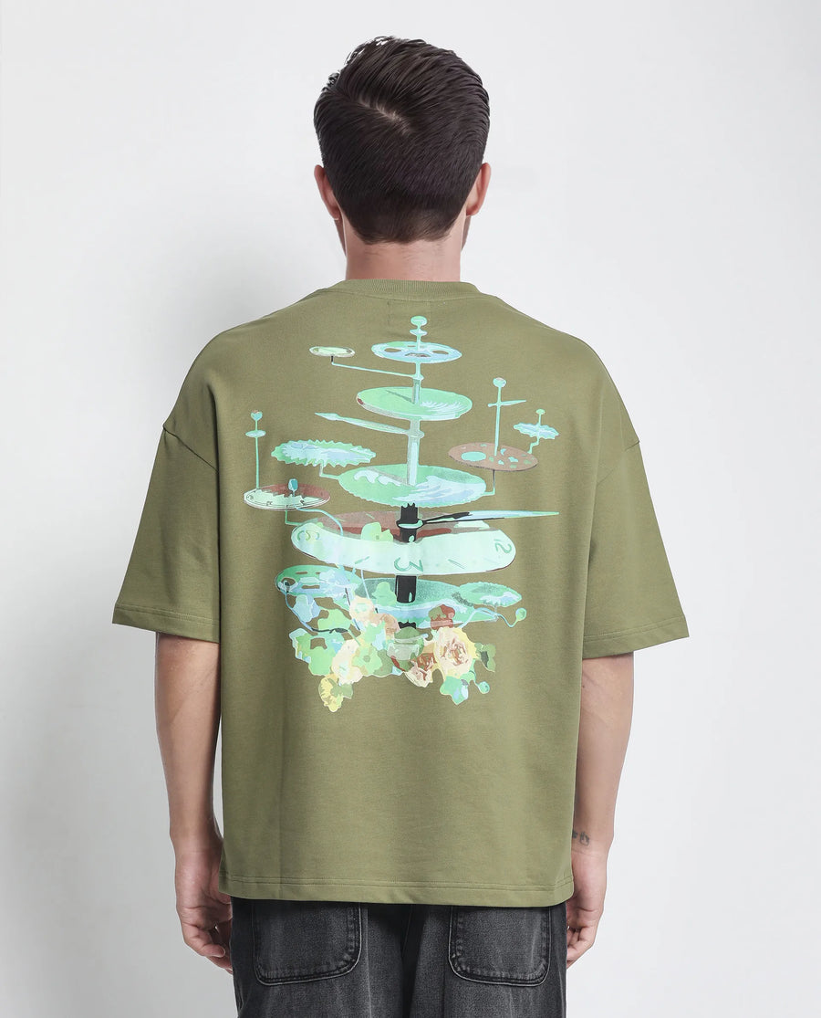 Rare Rabbit Men's Tempe Light Olive Cotton Graphic Print Oversized Fit Half Sleeve Crew Neck T-Shirt